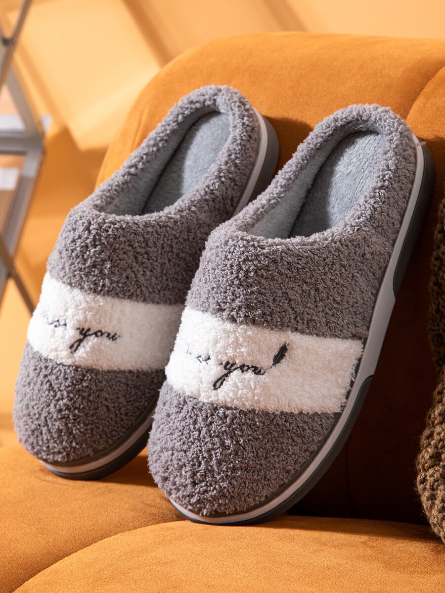 Men Letter Embroidery Bedroom Slippers - Grey - View 1