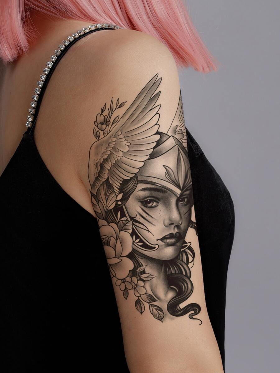 紋身貼紙,1張人像圖案一次性紋身適合女士,紋身貼紙成年人,逼真紋身貼人像圖案,適合女士和女孩 - 黑色 - 查看 1