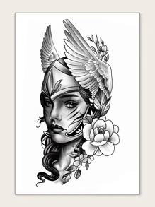 紋身貼紙,1張人像圖案一次性紋身適合女士,紋身貼紙成年人,逼真紋身貼人像圖案,適合女士和女孩 - 黑色 - 查看 2