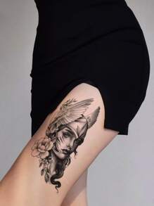 紋身貼紙,1張人像圖案一次性紋身適合女士,紋身貼紙成年人,逼真紋身貼人像圖案,適合女士和女孩 - 黑色 - 查看 3