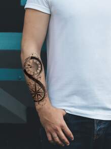 Etiqueta engomada del tatuaje, 1 hoja de brújula y reloj, tatuajes temporales para hombres, pegatinas de tatuaje para adultos, brújula de tatuaje realista, reloj, para mujeres y niñas - Negro - Ver 1