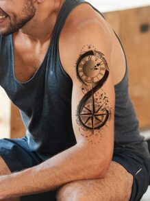 Etiqueta engomada del tatuaje, 1 hoja de brújula y reloj, tatuajes temporales para hombres, pegatinas de tatuaje para adultos, brújula de tatuaje realista, reloj, para mujeres y niñas - Negro - Ver 3