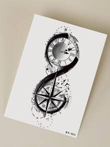 Etiqueta engomada del tatuaje, 1 hoja de brújula y reloj, tatuajes temporales para hombres, pegatinas de tatuaje para adultos, brújula de tatuaje realista, reloj, para mujeres y niñas - Negro - Ver 5