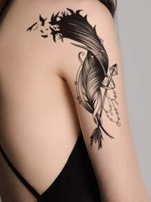 STARTTOOS 1pc Black Feather Pattern Large Arm/Body Temporary Tattoo Sticker,Sketch Style - Black - View 3