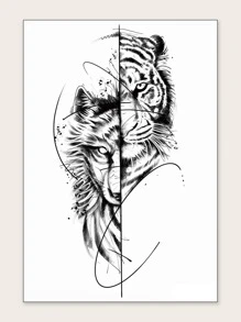 Hình xăm dán , 1 tờ chó sói & In hoa con hổ Hình xăm tạm thời Đối với phụ nữ , Hình xăm dán Người lớn , Thực tế Hình xăm chó sói , con hổ , Đối với phụ nữ Và Cô gái - màu đen - Xem 2