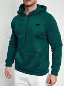 Manfinity Men Plus Letter Graphic Kangaroo Pocket Drawstring Hoodie - Dark Green - View 1