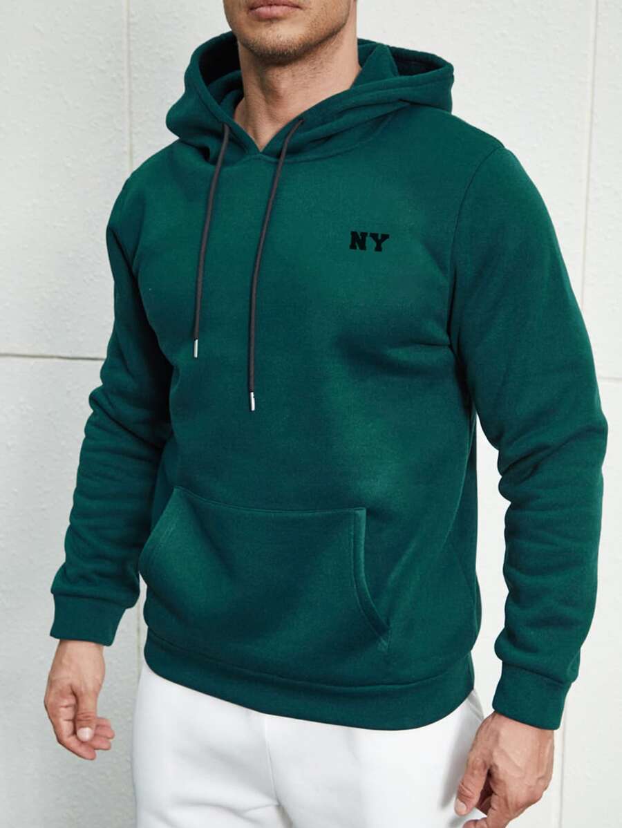 Manfinity Men Plus Letter Graphic Kangaroo Pocket Drawstring Hoodie - Dark Green - View 1