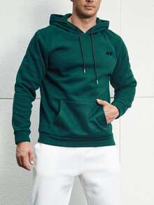 Manfinity Men Plus Letter Graphic Kangaroo Pocket Drawstring Hoodie - Dark Green - View 3