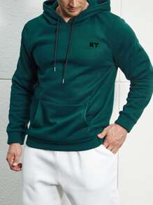 Manfinity Men Plus Letter Graphic Kangaroo Pocket Drawstring Hoodie - Dark Green - View 4