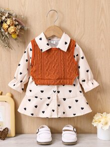 嬰兒紋理質感背心上衣和愛心圖案荷葉袖襯衫洋裝