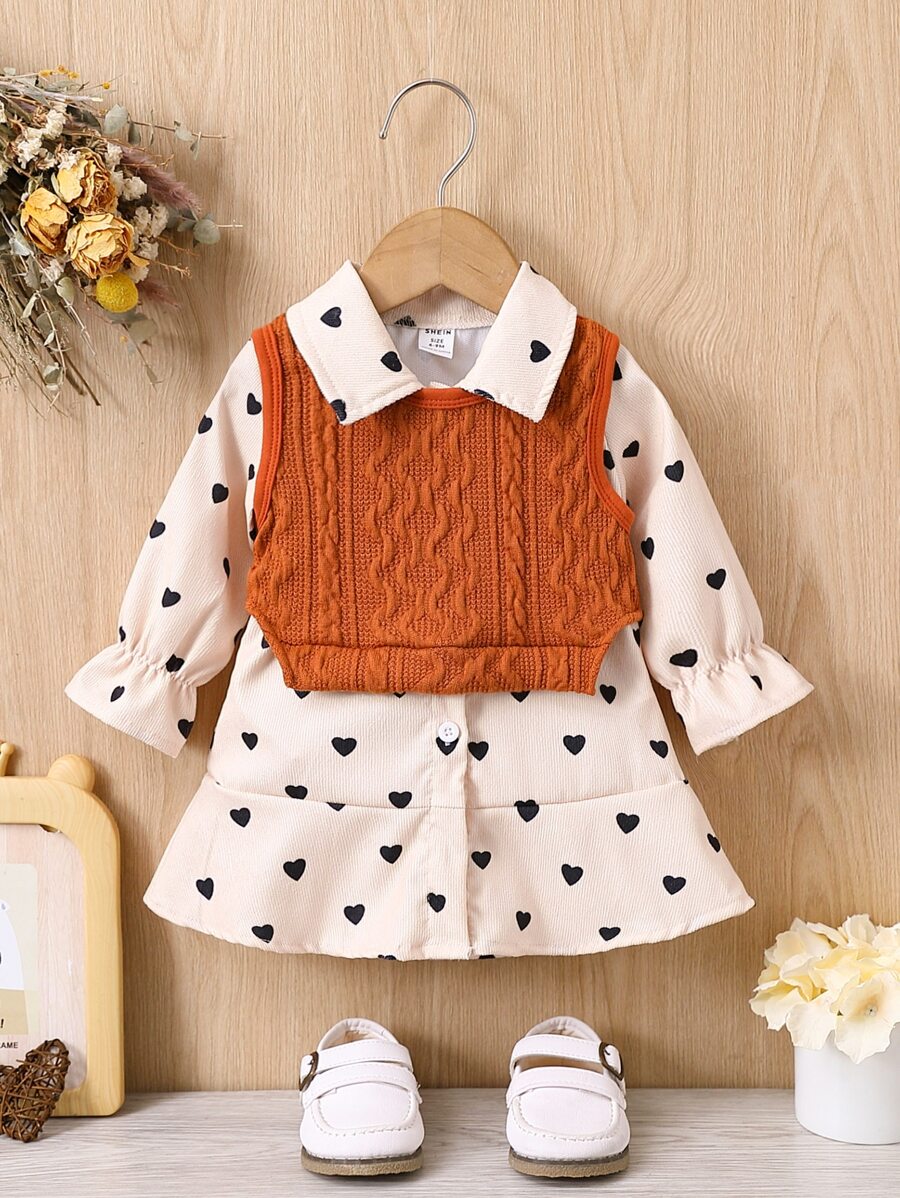 嬰兒紋理質感背心上衣和愛心圖案荷葉袖襯衫洋裝