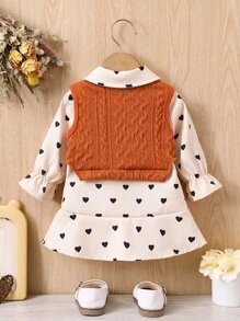 嬰兒紋理質感背心上衣和愛心圖案荷葉袖襯衫洋裝