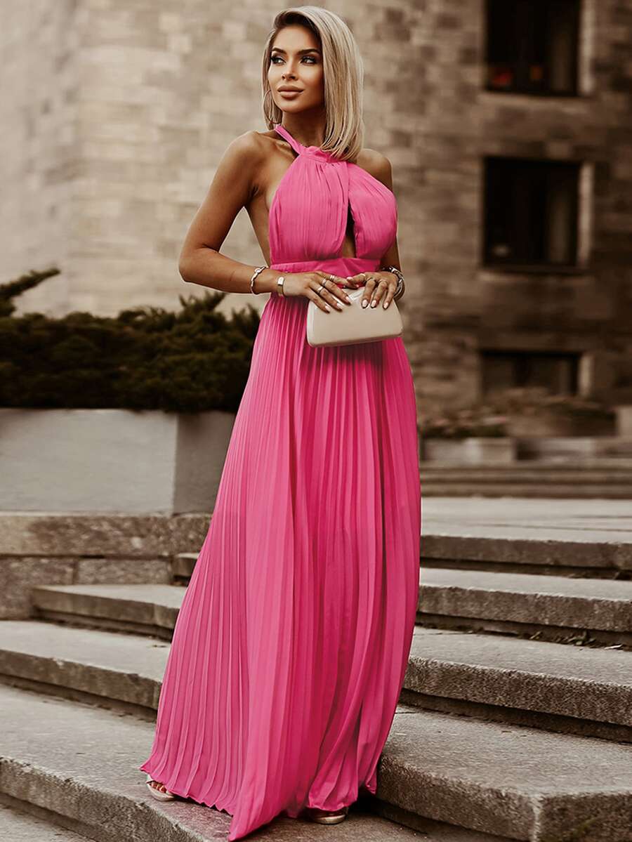 Tied Backless Pleated Hem Halter Dress - Hot Pink - View 1