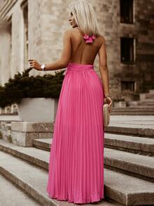 Tied Backless Pleated Hem Halter Dress - Hot Pink - View 2