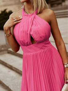 Tied Backless Pleated Hem Halter Dress - Hot Pink - View 3