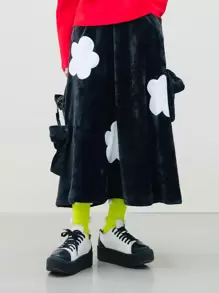 Floral Patched Bow Side Skirt - Black - View 1