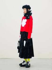 Floral Patched Bow Side Skirt - Black - View 3