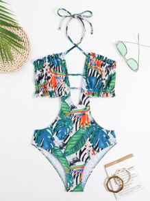 熱帶圖案鏤空吊脖連體泳衣 - 彩色 - 查看 6