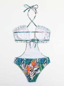 熱帶圖案鏤空吊脖連體泳衣 - 彩色 - 查看 2