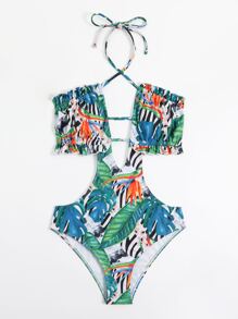 熱帶圖案鏤空吊脖連體泳衣 - 彩色 - 查看 3