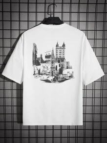 Manfinity Hombres Camiseta con estampado de edificio - Blanco - Ver 2