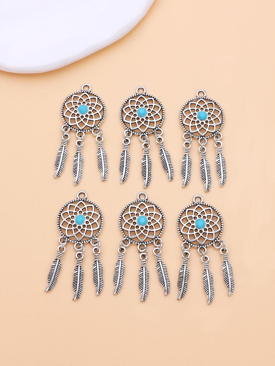 6入組羽毛裝飾捕夢網DIY吊墜 - 銀色 - 查看 1