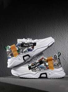 Men Lace-up Front Cartoon Graphic Sneakers - White - View 1