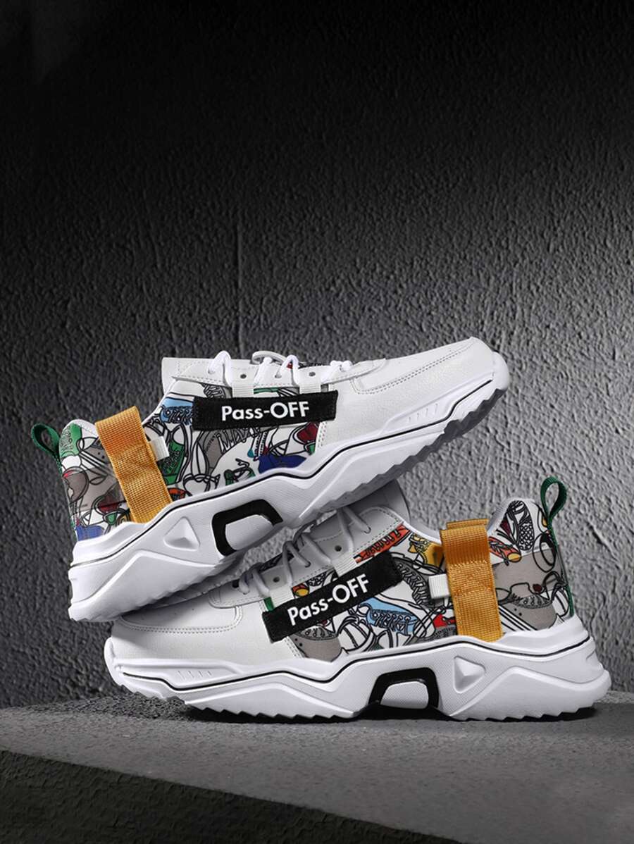 Men Lace-up Front Cartoon Graphic Sneakers - White - View 1