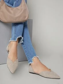 Faux Suede Pointy Toe Flats - Light Grey - View 2