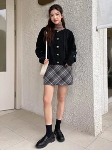 DAZY 格紋印花高腰裙 - 咖啡棕 - 查看 9