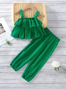 SHEIN Toddler Girls Tiered Ruffle Hem Tank Top & Carrot Trousers - Green - View 1