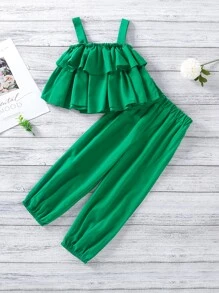 SHEIN Toddler Girls Tiered Ruffle Hem Tank Top & Carrot Trousers - Green - View 2