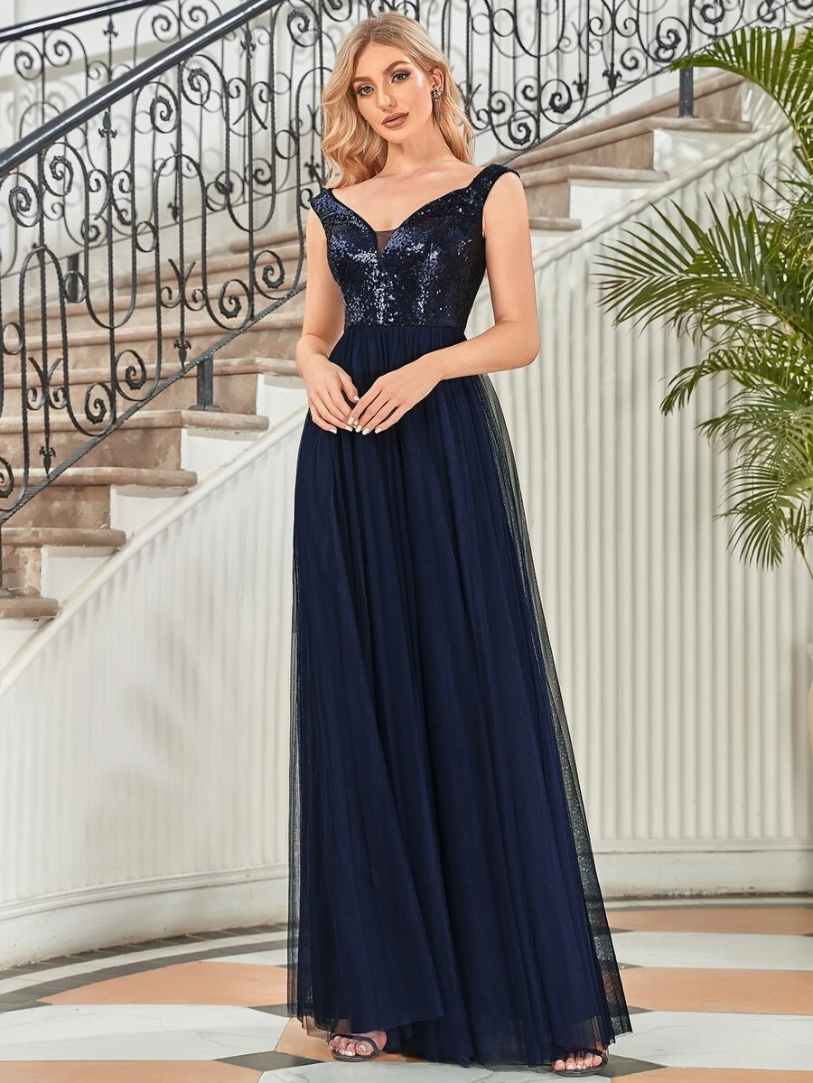 EVERPRETTY Contrast Sequin Mesh Panel Bridesmaid Dress - Navy Blue - View 1