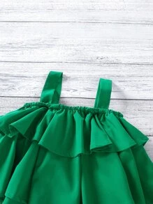 SHEIN Toddler Girls Tiered Ruffle Hem Tank Top & Carrot Trousers - Green - View 3