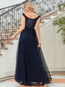 EVERPRETTY Contrast Sequin Mesh Panel Bridesmaid Dress - Navy Blue - View 2