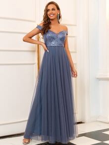 EVERPRETTY Sequins Off Shoulder Mesh Hem Maxi Bridesmaid Dress - Dusty Blue - View 3