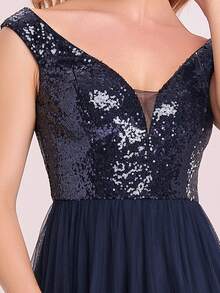 EVERPRETTY Contrast Sequin Mesh Panel Bridesmaid Dress - Navy Blue - View 3