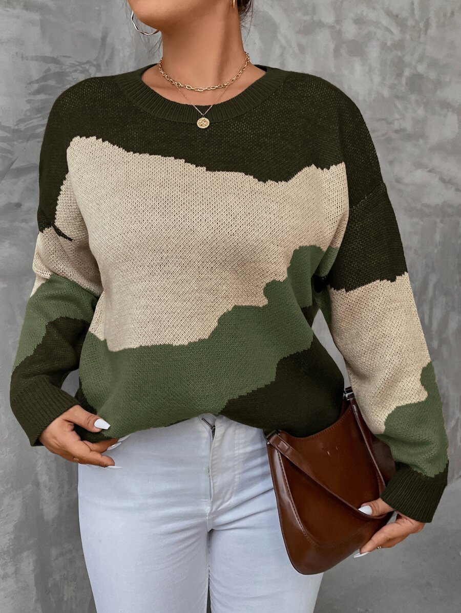 SHEIN LUNE Áo len cổ tròn phối màu dáng rộng, vai rớt, thích hợp cho mùa thu đông. - xanh quân đội - Xem 1