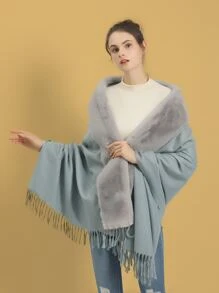 1入組女式多色素色保暖經典毛領開叉斗篷適合日常和派對穿著 - 藍色 - 查看 2