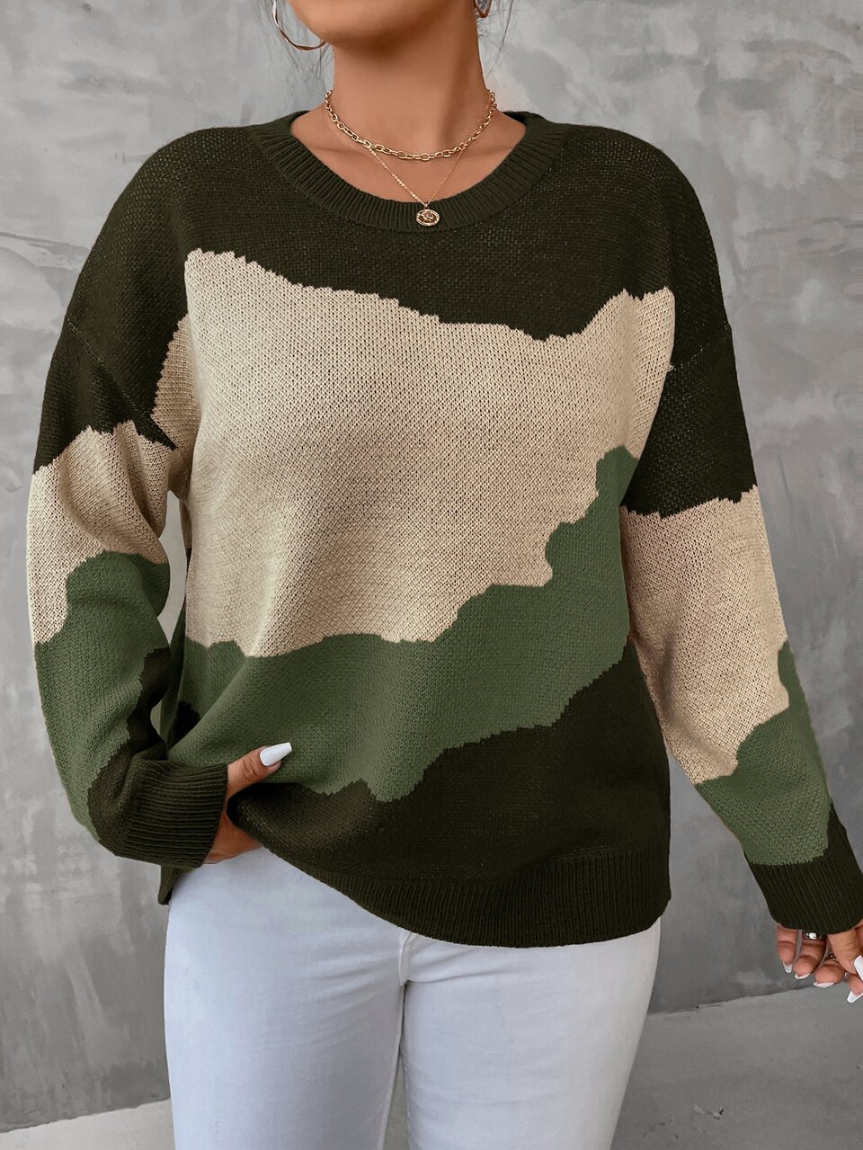 Plus Colorblock Drop Shoulder Sweater Knit Pullover Fall Winter Autumn Sweater