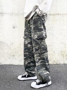 Manfinity Men Camo Print Flap Pocket Side Drawstring Waist Cargo Trousers - Multicolor - View 1