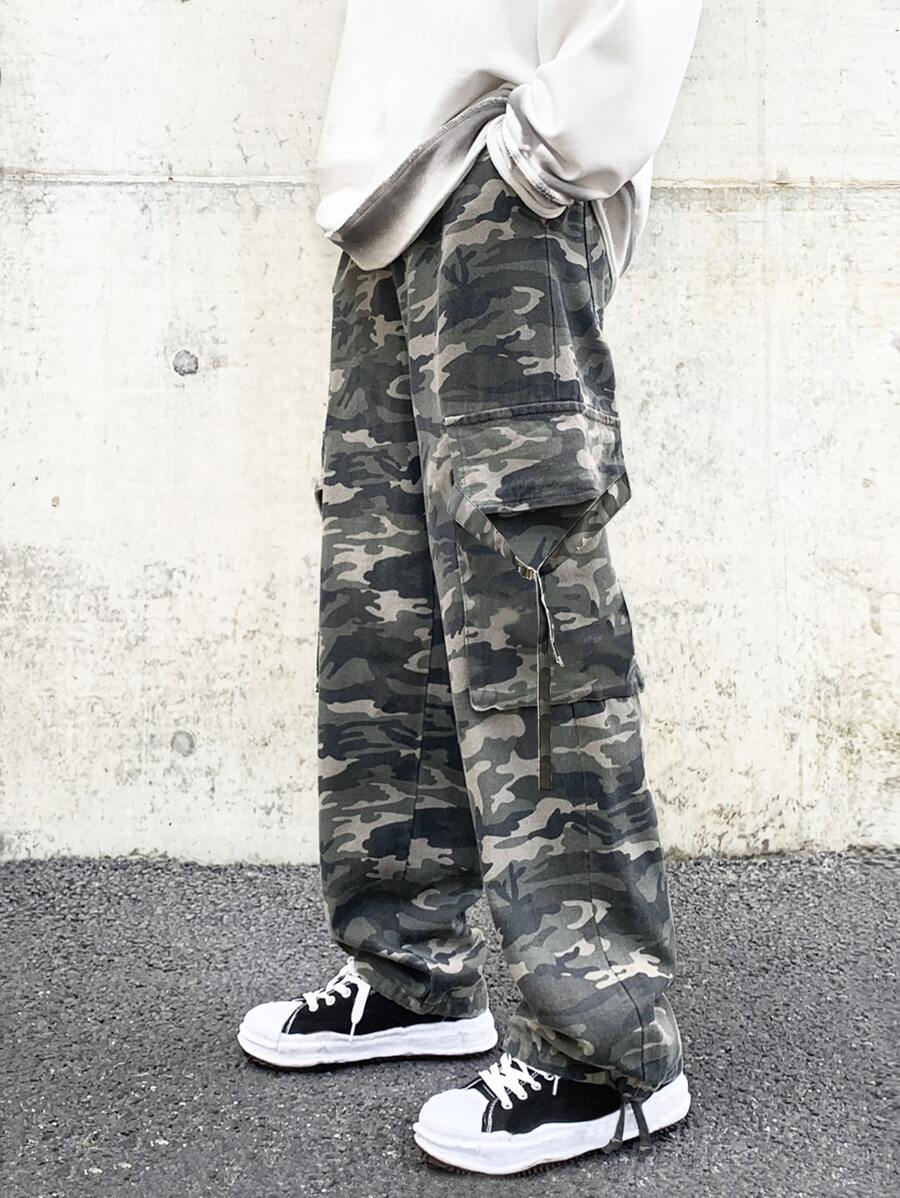 Manfinity Men Camo Print Flap Pocket Side Drawstring Waist Cargo Trousers - Multicolor - View 1