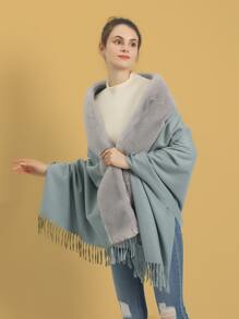 1入組女式多色素色保暖經典毛領開叉斗篷適合日常和派對穿著 - 藍色 - 查看 5