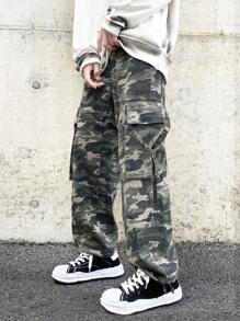 Manfinity Men Camo Print Flap Pocket Side Drawstring Waist Cargo Trousers - Multicolor - View 5