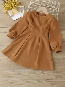 Toddler Girls Solid Lantern Sleeve Fold Pleated Dress - Brown - View 1
