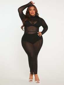 SHEIN SXY Đầm Plus Size cắt màu trơn Gợi cảm - màu đen - Xem 1