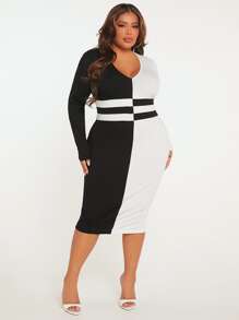 SHEIN SXY Plus Two Tone Bodycon Dress - Black and White - View 1