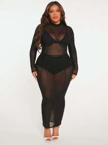 SHEIN SXY Đầm Plus Size cắt màu trơn Gợi cảm - màu đen - Xem 4