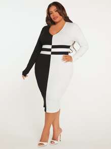 SHEIN SXY Plus Two Tone Bodycon Dress - Black and White - View 5