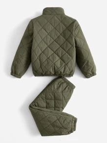 SHEIN Toddler Boys Half Zip Kangaroo Pocket Quilted Sweatshirt & Trousers - Army Green - View 3